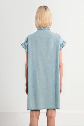 Cotton smocked dress with a denim effect