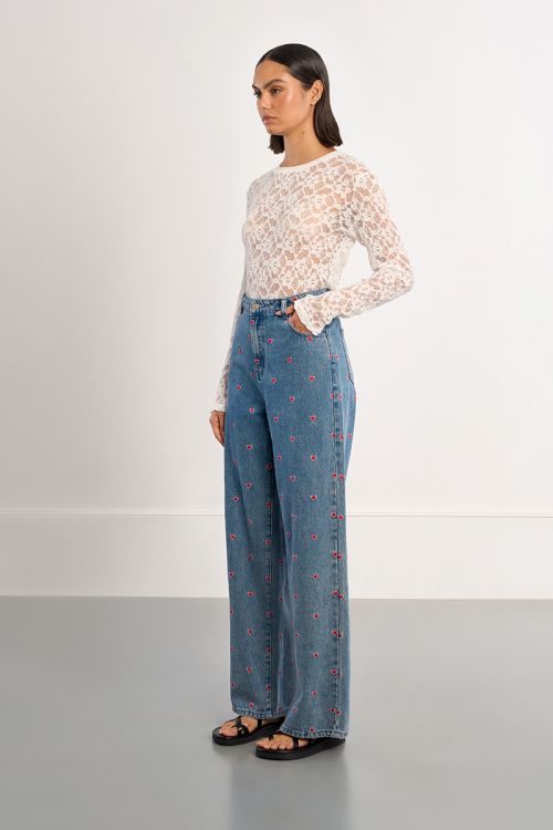 Cotton jeans with embroidered multi-hearts