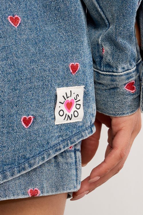 Cotton overshirt with embroidered multi-hearts