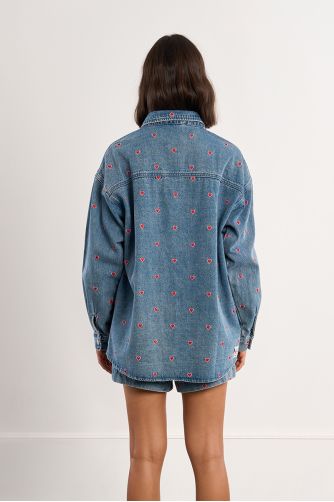 Cotton overshirt with embroidered multi-hearts