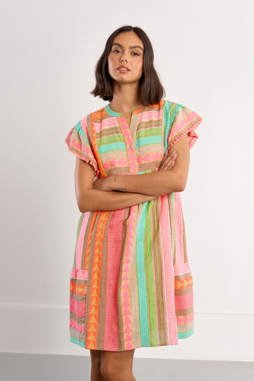 Short-sleeved dress with multicoloured print