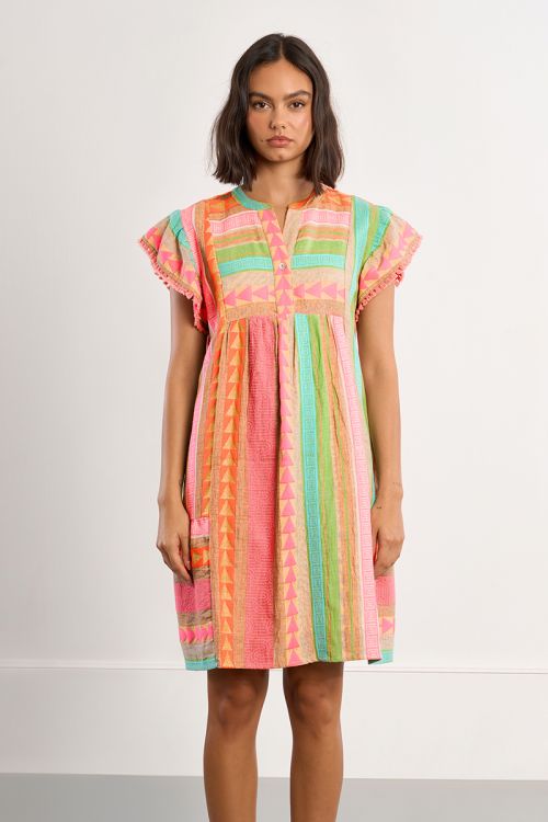 Short-sleeved dress with multicoloured print