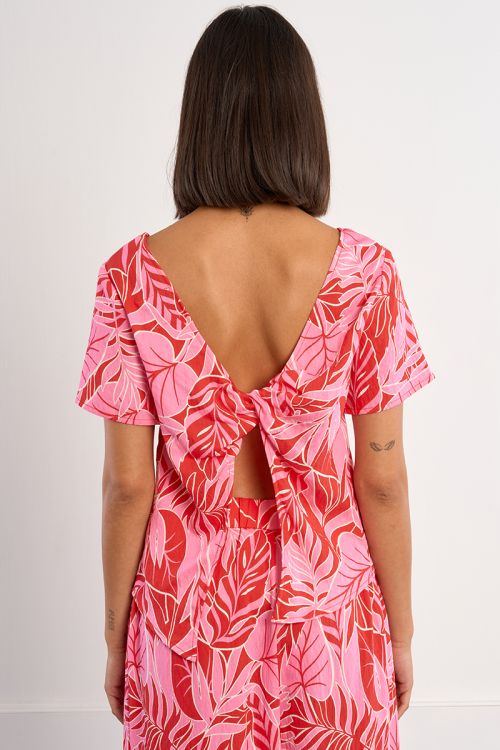 Top de mujer de manga corta, estampado tropical.