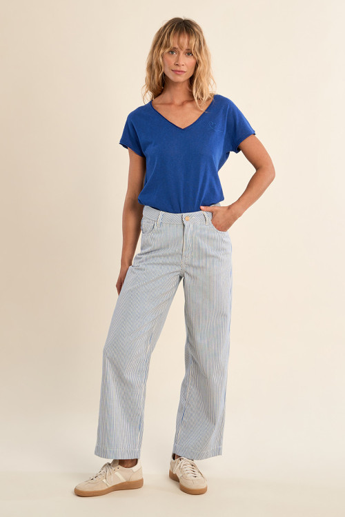 Pantalón de mujer tobillero, estampado rayas.