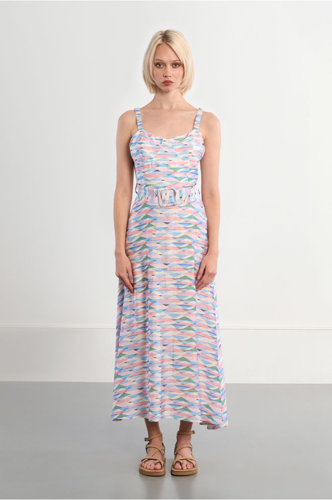 Robe maxi ceinturée à imprimé géométrique