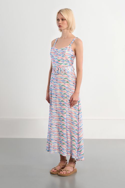 Belted maxi dress with geometric print