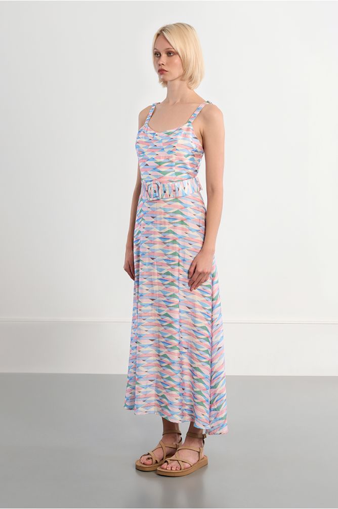 Robe maxi ceinturée à imprimé géométrique