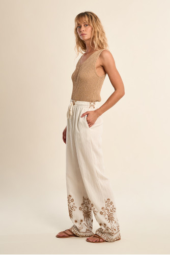 Pantalon large, à broderies