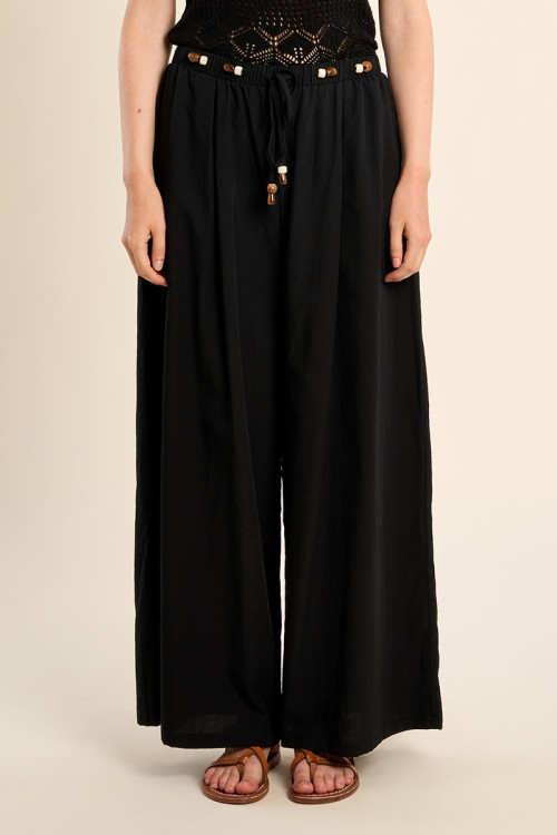 Wide pants, beaded drawstrings