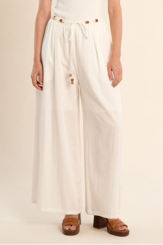 Wide pants, beaded drawstrings