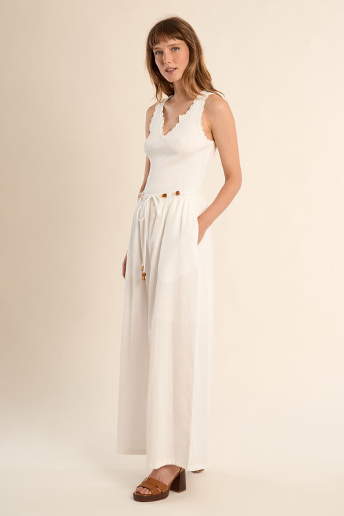 Wide pants, beaded drawstrings
