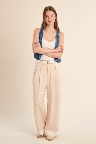 High-waisted straight trousers, lace detail