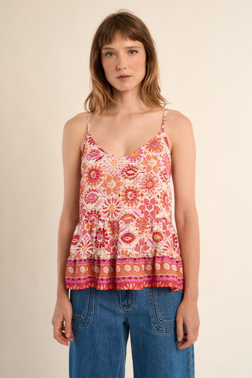 Printed tank top with ruffled hem