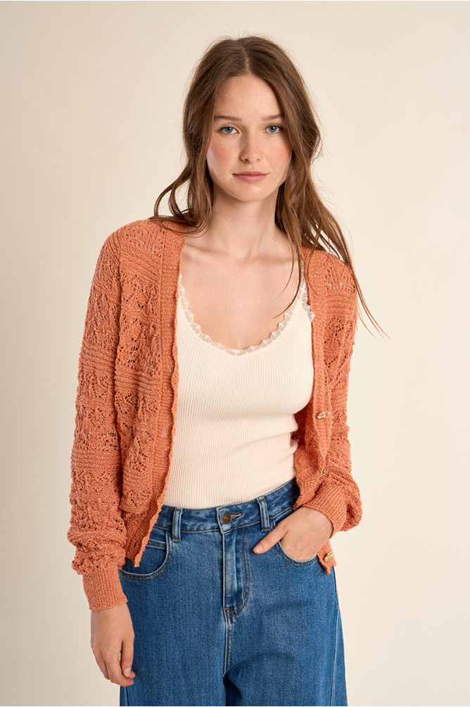 Cardigan en maille ajourée, col V