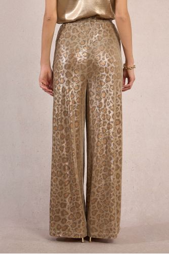 Flowing leopard print trousers, iridescent