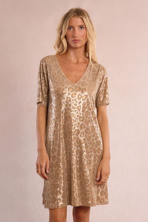 Vestido de manga corta, con estampado y lazada.