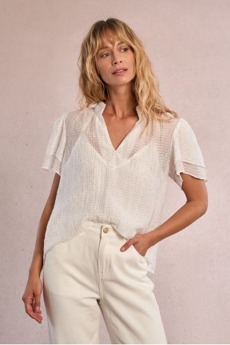 Top de mujer de manga corta mariposa, estampado lunares.