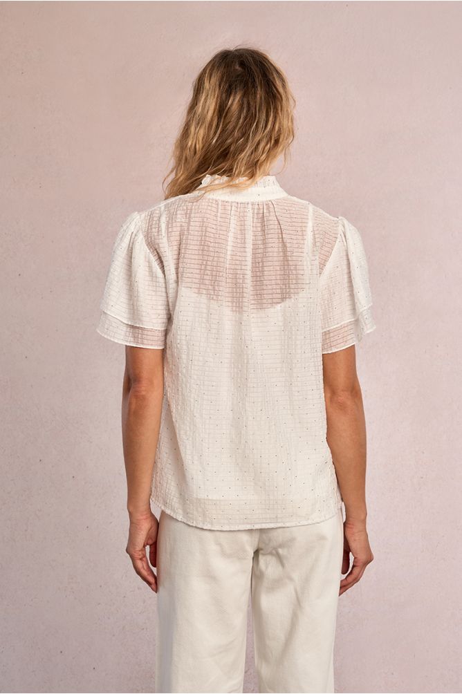 Top de mujer de manga corta mariposa, estampado lunares.