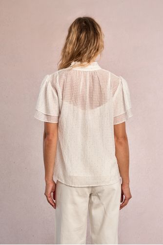 Top de mujer de manga corta mariposa, estampado lunares.