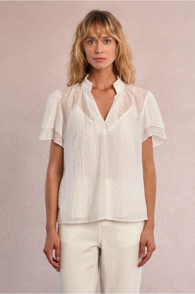 Top de mujer de manga corta mariposa, estampado lunares.