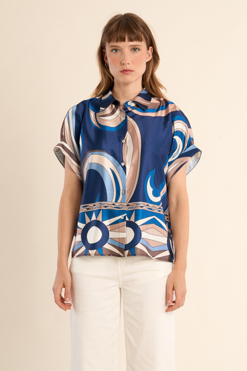 Short-sleeved blouse, satin effect