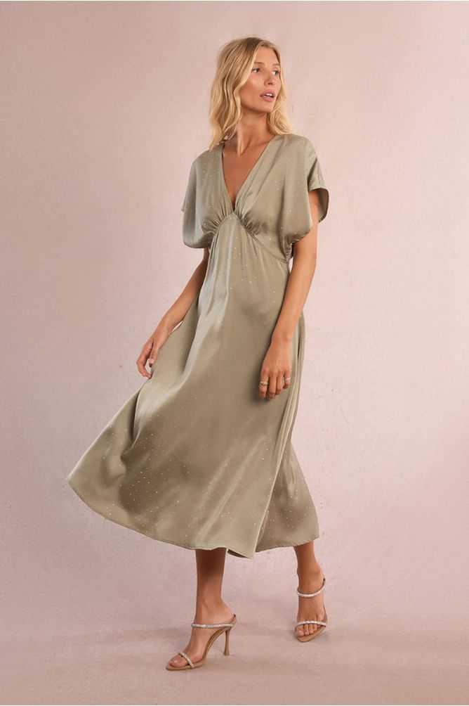 Long satin dress with rhinestones