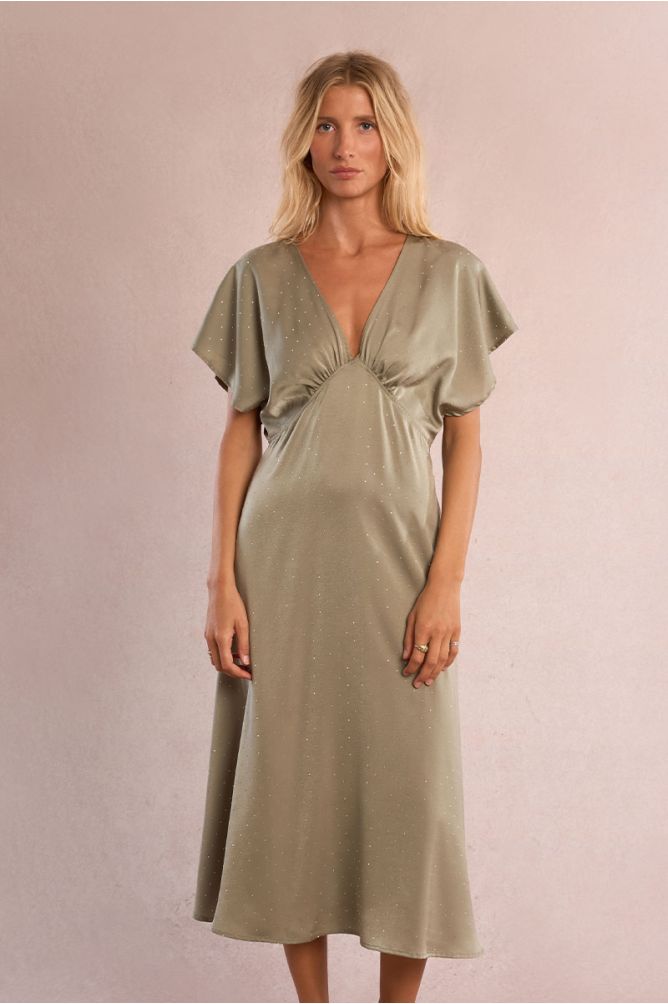 Long satin dress with rhinestones