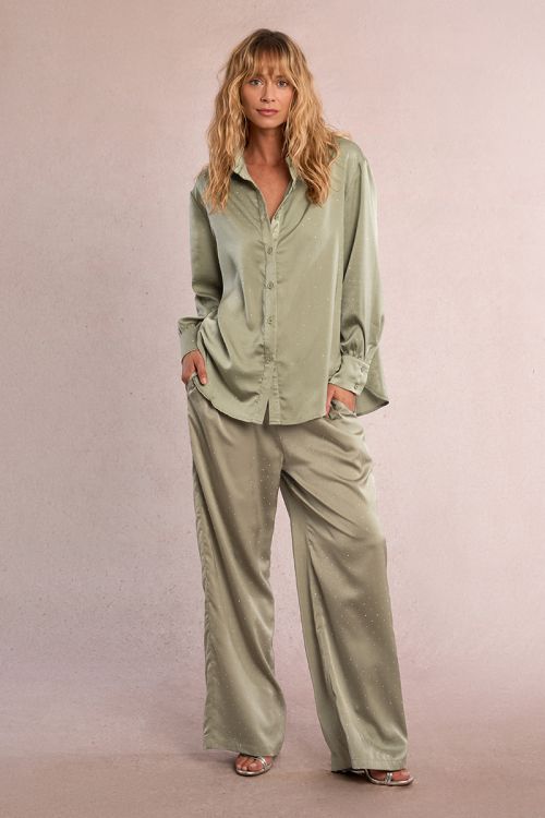 Satin trousers with rhinestones