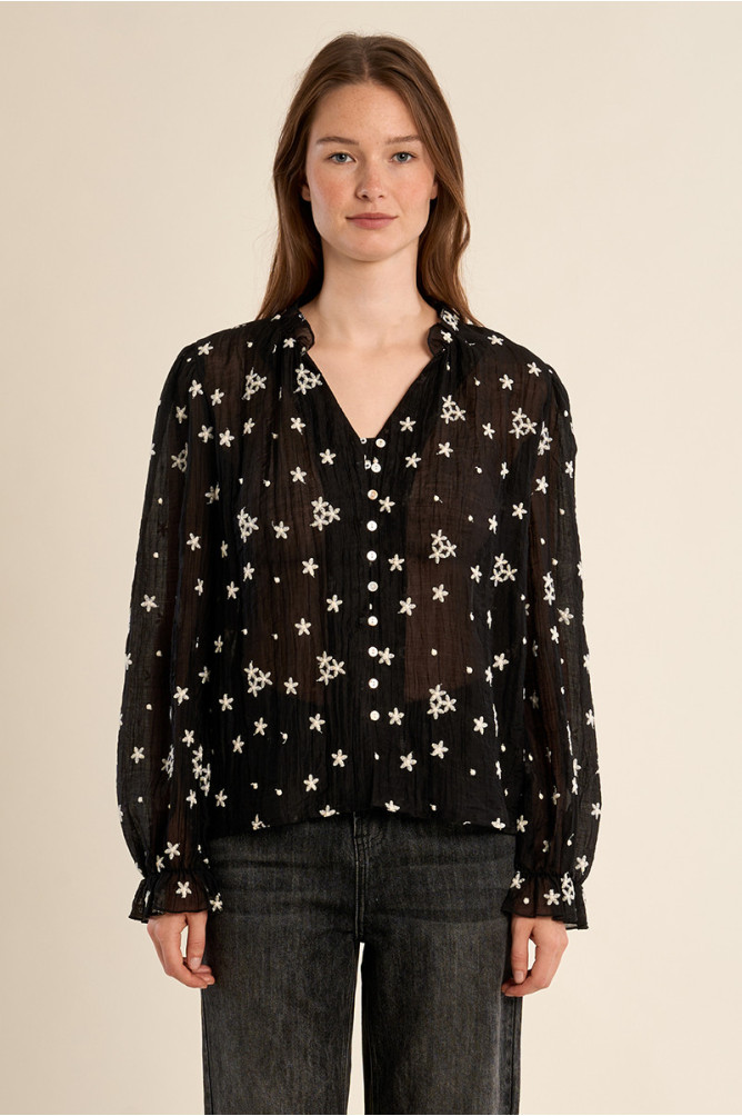 Camisa de mujer de manga larga poeta, con estampado.