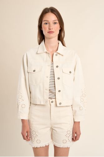 Veste denim, détails broderie anglaise