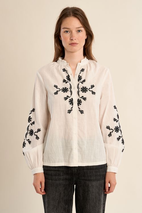 Camisa de mujer de manga larga, flores bordadas.