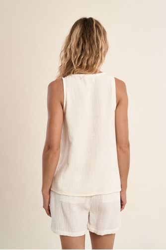 Embroidered tank top, in cotton gauze