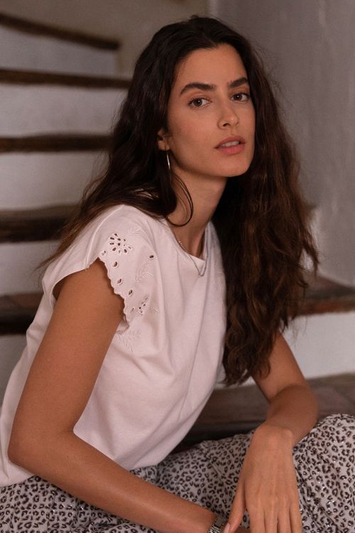 Cotton T-shirt with embroidered sleeves