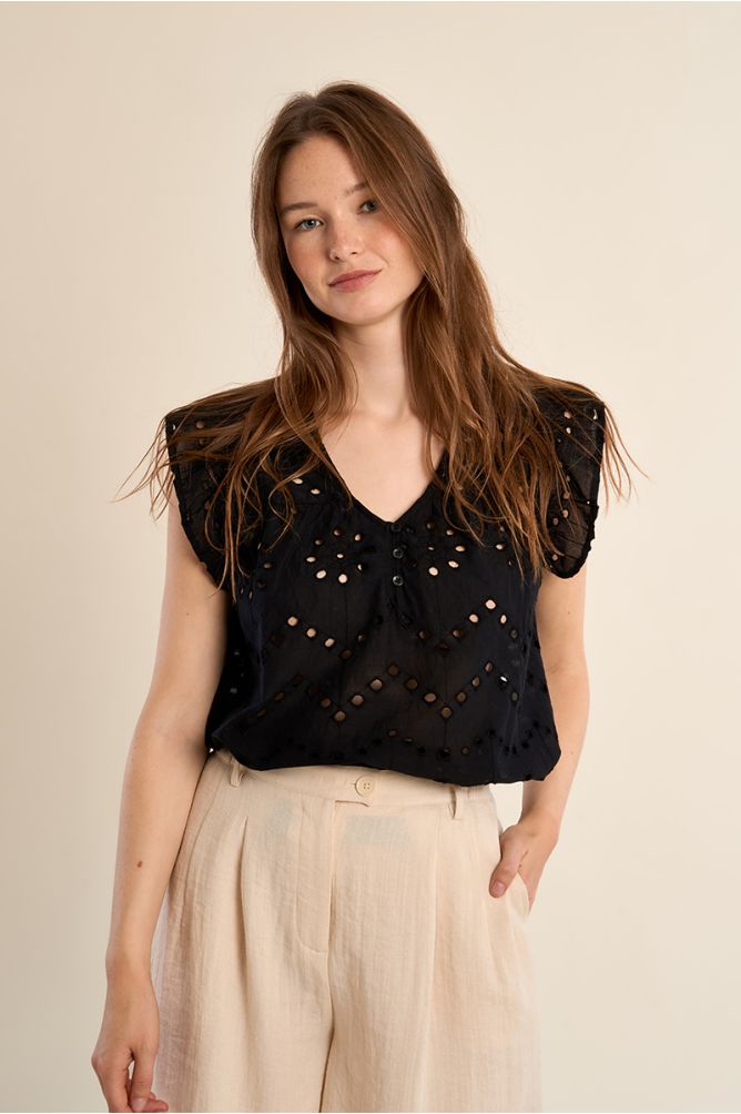Cotton top, openwork embroidery