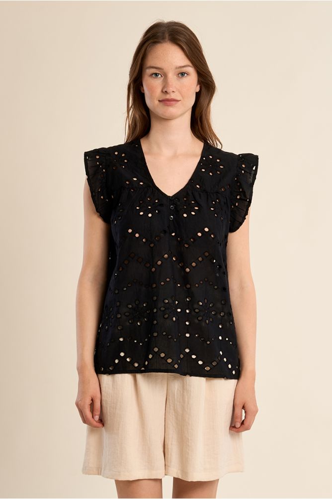 Cotton top, openwork embroidery