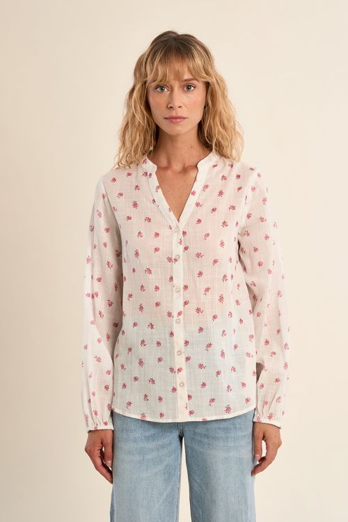 Camisa de mujer de manga larga, estampado flores.