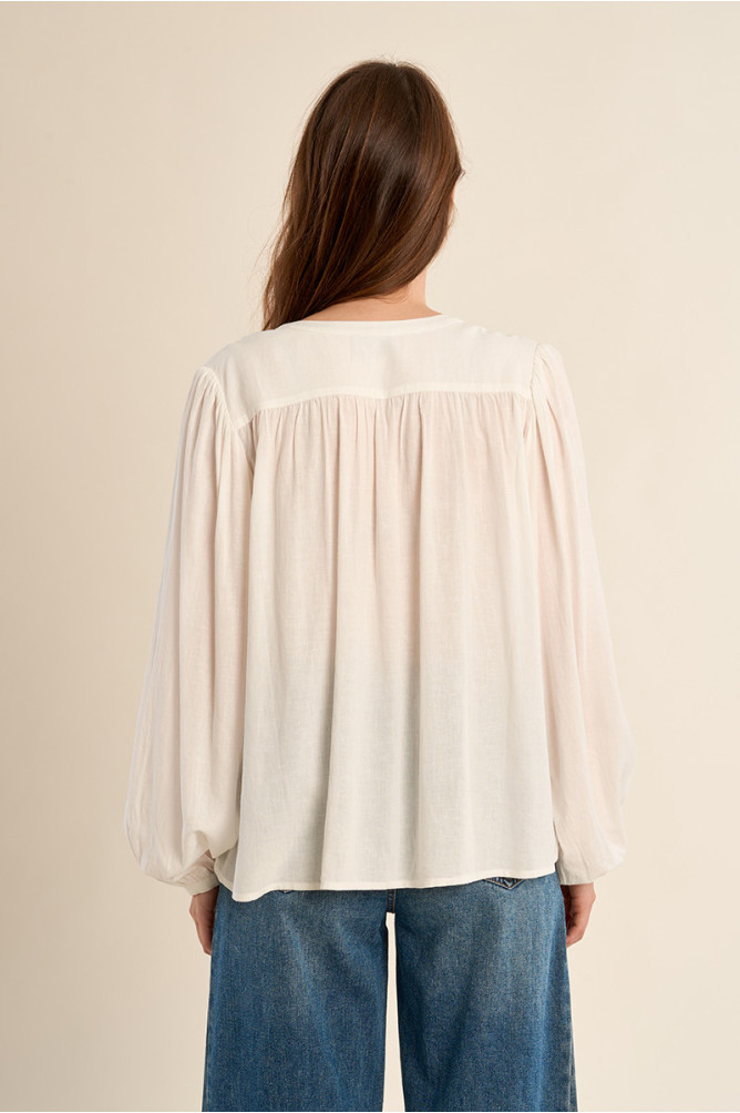 Camisa de mujer de manga larga, detalle pliegues.