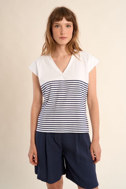 Camiseta de mujer de manga larga, estampado rayas.