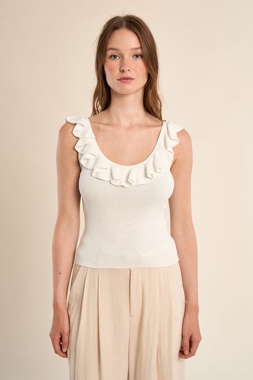 Round neck tank top with ruffles