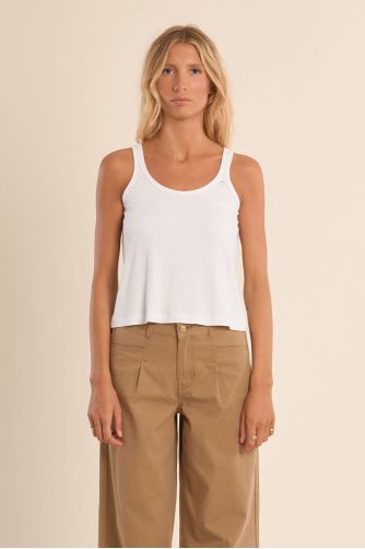 Top de mujer de tirantes, detalle botón.