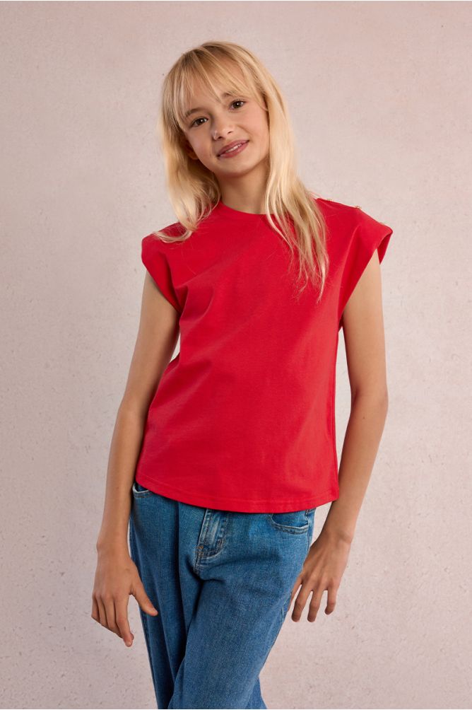Camiseta de niña de manga corta, detalle botones.