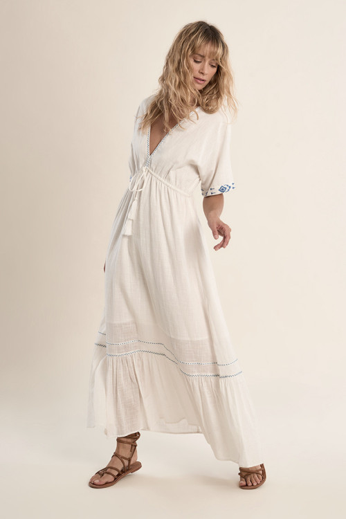 Long cotton dress, with embroidery