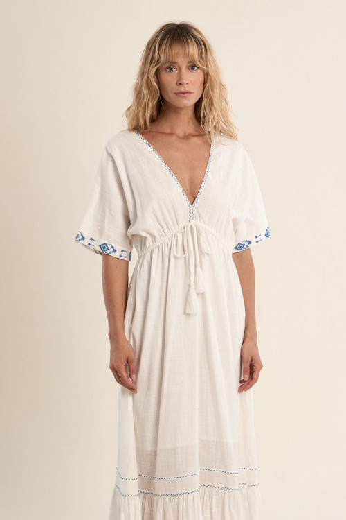 Long cotton dress, with embroidery