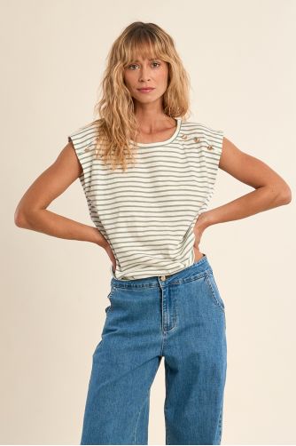 Camiseta de mujer de manga corta, estampado rayas.