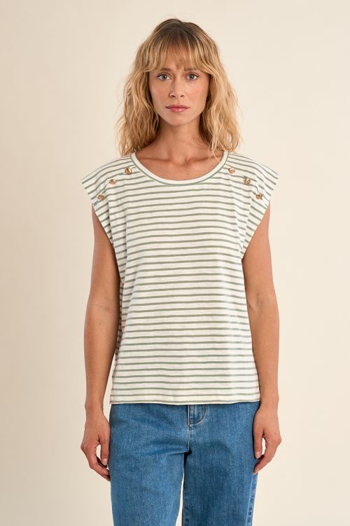 Camiseta de mujer de manga corta, estampado rayas.