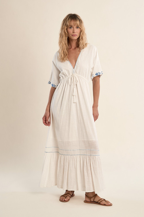 Long cotton dress, with embroidery