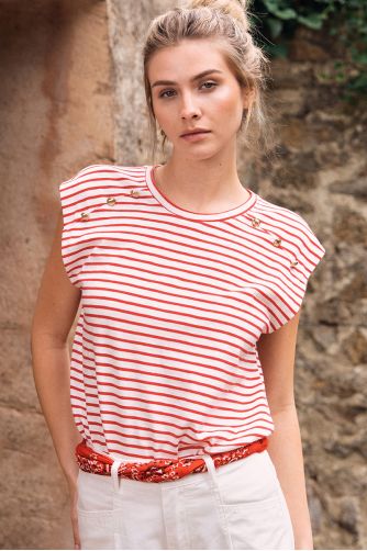 T-shirt marinière en coton avec boutons dorés