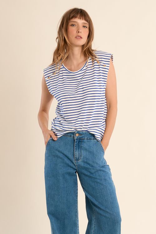 Camiseta de mujer de manga corta, estampado rayas.