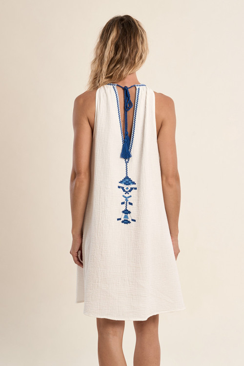Short embroidered dress, in cotton gauze
