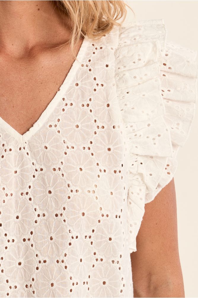 Top de mujer de manga corta, detalle volantes.